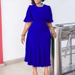Plus Size African Dress Solid Color Round Neck Puff Sleeves Slim Fit Casual Wear for Summer OEM