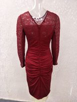 Lace Back Detail Dress for Women Pleated Round Neck Long Sleeve Elegant Evening Wear