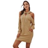 Hooded Off Shoulder Womens Sweatshirt Dress Color Block Design Long Sleeve Casual Style Perfect