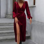 Velvet Midi Dress Elegant Wine Red Color Long Sleeve Party Wear Autumn Winter Collection Wholesa