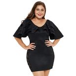 Plus Size Lace Insert Dress Round Neck Ruffled Short Sleeves High Waist Pleated Design Elegant E