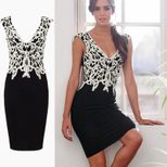 Womens Sexy V Neck Lace Patchwork Midi Dress Slim Fit Pencil Silhouette Elegant Evening Wear