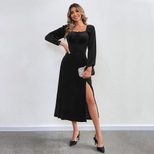 Velvet Long Sleeve Dress Sexy Split Design Waist Cinching Square Neck Puff Sleeves Evening Party