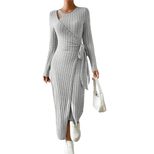 Knitted Grey Dress Irregular Hem Long Silhouette Autumn Winter Style Wholesale Womens Fashion Ap