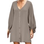 Solid Color Knee Length Dress European Style V Neck Long Sleeve Button Closure Autumn Fashion Wh