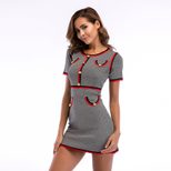 Knit Dress Short Sleeve Round Neck Color Block Slim Fit Spring Office Wear for Women Wholesale A