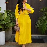 V Neck Long Sleeve Dress Solid Color Pleated Design Flowy Skirt Spring Fashion for Women Wholesa