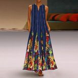 Vintage Floral Print Maxi Dress for Women V Neck Sleeveless Pocket Design Summer Casual Wear Who