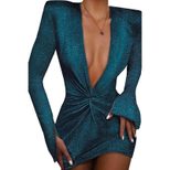Sequin Mini Dress for Women Deep V Neck Long Sleeve Ruffled Design Autumn Winter Party Wear Whol