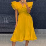 V Neck Pleated Dress Ruffled Sleeves Belt Included Elegant Design Perfect for Parties and Events