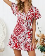 Casual Floral Print Dress Short Sleeve Tie Design Sexy Style Spring Summer Vacation Wear Ready t