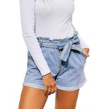 Womens High Waisted Denim Shorts Blue Paper Bag Waist Straight Leg Summer Casual Wear Wholesale