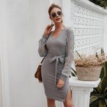 Lace Hollow Out Long Sleeve Knit Dress for Women Elegant Fit Casual Style Fall Winter Collection