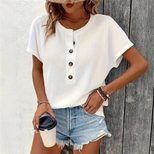 Summer Womens Fashion T Shirt Solid Color Button Detail Short Sleeve Casual Wear for Everyday Wh