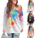 Asymmetrical Shoulder Graphic Print T Shirt for Women Casual Autumn Winter Style Available in Multiple Sizes Wholesale