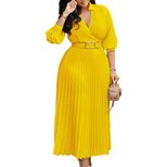 V Neck Long Sleeve Dress Solid Color Pleated Design Flowy Skirt Spring Fashion for Women Wholesa