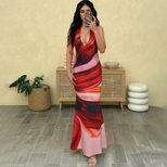 Womens Spring Fashion Dress Sexy Halter Neck Color Block Print Bodycon Fit Backless Design Eveni