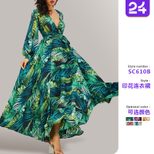 Floral Print Maxi Dress Lantern Sleeves Sexy V Neck Leaf Pattern Spring Summer Fashion Wholesale