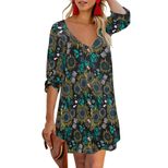 Womens Loose Fit Floral Print Dress 3 4 Sleeve V Neck Comfortable Fabric Casual Wear or Summer O