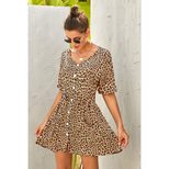 Summer Womens A Line Dress Leopard Print V Neck Short Sleeve Loose Fit Casual Wear