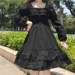 Lace Panel Puff Sleeve Little Black Dress Elegant Design Soft Luxury Autumn Fashion Available fo