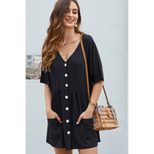 Womens Pleated Knee Length Dress V Neck Button Down Short Sleeve Loose Fit Casual Wear for Sprin