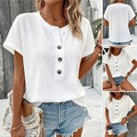 Summer Womens Fashion T Shirt Solid Color Button Detail Short Sleeve Casual Wear for Everyday Wh