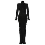 High Neck Long Sleeve Bodycon Dress Solid Color Ruched Design Backless Fashionable for Autumn Wi