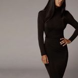 Bodycon Long Sleeve Turtleneck Dress Solid Color Knee Length Elegant Casual Wear