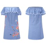 Embroidered Denim Dress Loose Fit Off Shoulder Ruffle Sleeve Spring Fashion Casual Wear Wholesal