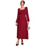 French Square Neck Burgundy Long Sleeve Dress Vintage Style Slim Fit Autumn Winter Wholesale Ava