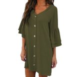 Womens Shirt Dress European Style V Neck Button Front Loose Fit Knee Length Summer Casual Wear W