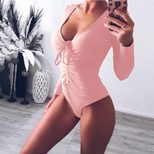 Deep V Neck Drawstring Triangle Jumpsuit Solid Color Knitted Stretch Fabric Casual Wear for Wome