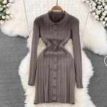 Vintage Inspired Long Sleeve Polo Dress Slim Fit Waist Defining Knitted Fabric Autumn Fashion fo
