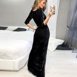Deep V Neck Velvet Dress Three Quarter Sleeve High Slit Elegant Design Perfect for Birthday Part