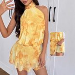 Womens Fashion Tie Back Halter Mini Dress Yellow Floral Print Casual Summer Style Wholesale Avai