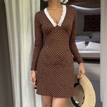 V Neck Lace Trim Polka Dot Bodycon Mini Dress Long Sleeve Slim Fit Autumn Winter Style Wholesale