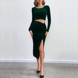 Velvet Bodycon Dress Sexy Hollow Out Split Design Long Sleeve Evening Party Wear Wholesale Avail