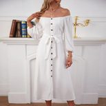 Elegant Long Sleeve A Line Dress Off Shoulder Neckline Button Closure Side Slit Perfect for Offi