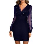Mesh Panel Bodycon Dress with Shimmering Beads Elegant Evening Wear Perfect for Parties and Spec