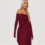 Wine Red Bodycon Midi Dress Slim Fit High Waist Long Sleeve Autumn Winter Fashion Wholesale Avai