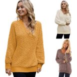 Womens V Neck Ribbed Knit Sweater Long Sleeve Solid Color Cozy Fabric Autumn Winter Casual Wear