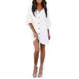 Womens Shirt Dress European Style V Neck Button Front Loose Fit Knee Length Summer Casual Wear W