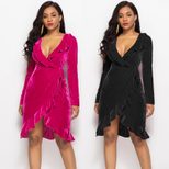 Plus Size Womens Gold Velvet Dress with Ruffle Hem and V Neck for Parties and Events