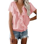 Womens Solid Color Pullover T Shirt V Neck Ruffle Short Sleeves Elastic Waist Summer Casual Wear