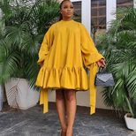 Loose Fit Solid Color Puff Sleeve Dress Plus Size Casual Style Autumn Wear Wholesale Available