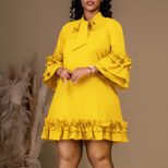 Plus Size Casual Dress Ruffled Sleeve Tie Waist Solid Color Comfortable Everyday Wear Wholesale