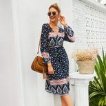 Bohemian Floral Print Maxi Dress for Spring Summer with Long Sleeves and Round Neck