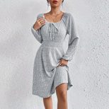 Womens Long Sleeve A Line Dress Square Neck Waist Tie Flared Hem Fall Winter Fashion Wholesale A