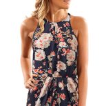 Sleeveless Floral Mini Dress for Women Round Neck Waist Tie Irregular Hem Casual Summer Wear